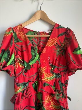 Red Tropical Print Midi Dress with Ruffle Detail